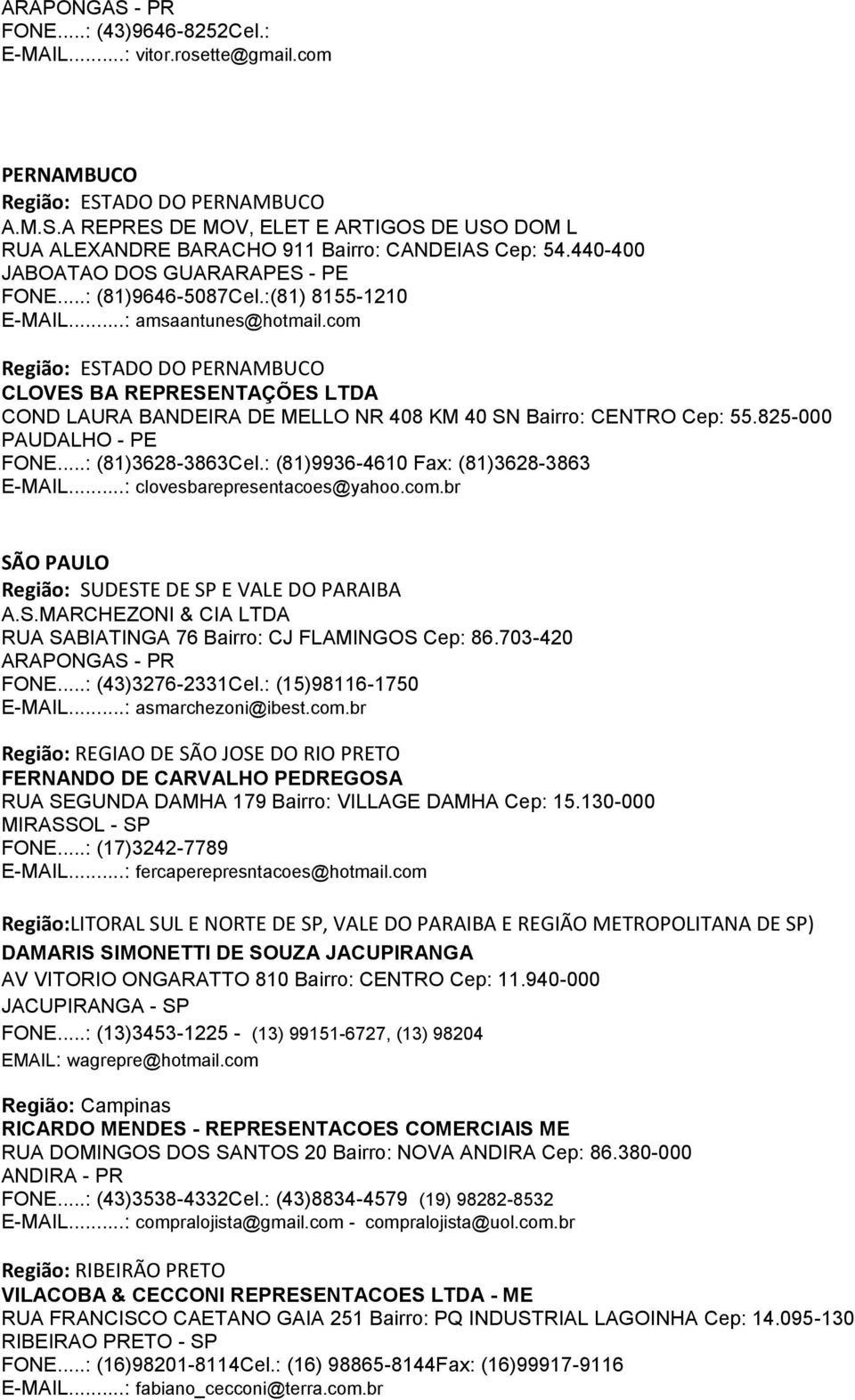 com Região: ESTADO DO PERNAMBUCO CLOVES BA REPRESENTAÇÕES LTDA COND LAURA BANDEIRA DE MELLO NR 408 KM 40 SN Bairro: CENTRO Cep: 55.825-000 PAUDALHO - PE FONE...: (81)3628-3863Cel.