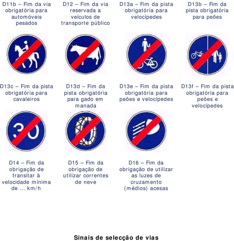 Fim da pista obrigatória para peões e velocípedes D13f Fim da pista obrigatória para peões e velocípedes D14 Fim da obrigação de transitar à velocidade
