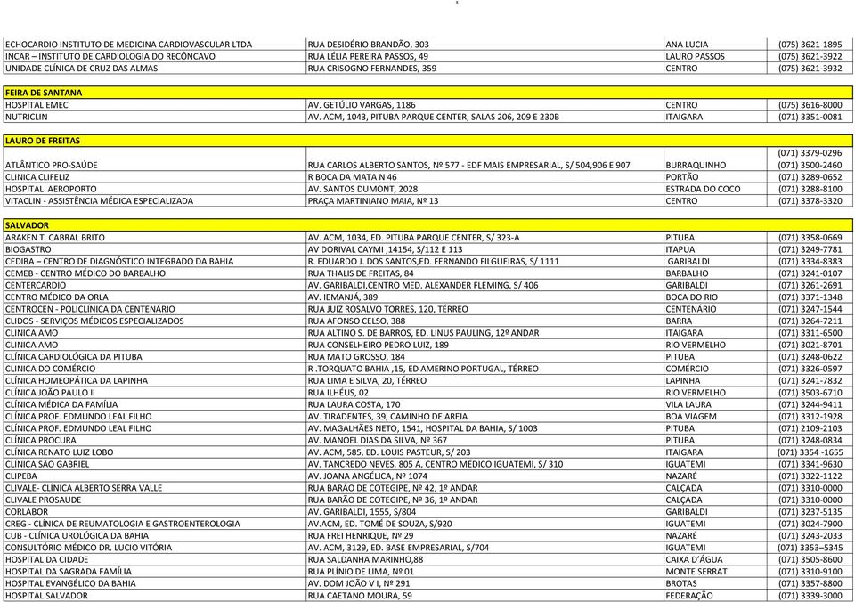 ACM, 1043, PITUBA PARQUE CENTER, SALAS 206, 209 E 230B ITAIGARA (071) 3351-0081 ATLÂNTICO PRO-SAÚDE RUA CARLOS ALBERTO SANTOS, Nº 577 - EDF MAIS EMPRESARIAL, S/ 504,906 E 907 BURRAQUINHO (071)