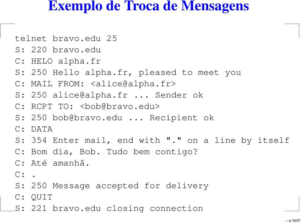 edu> S: 250 bob@bravo.edu... Recipient ok C: DATA S: 354 Enter mail, end with ".