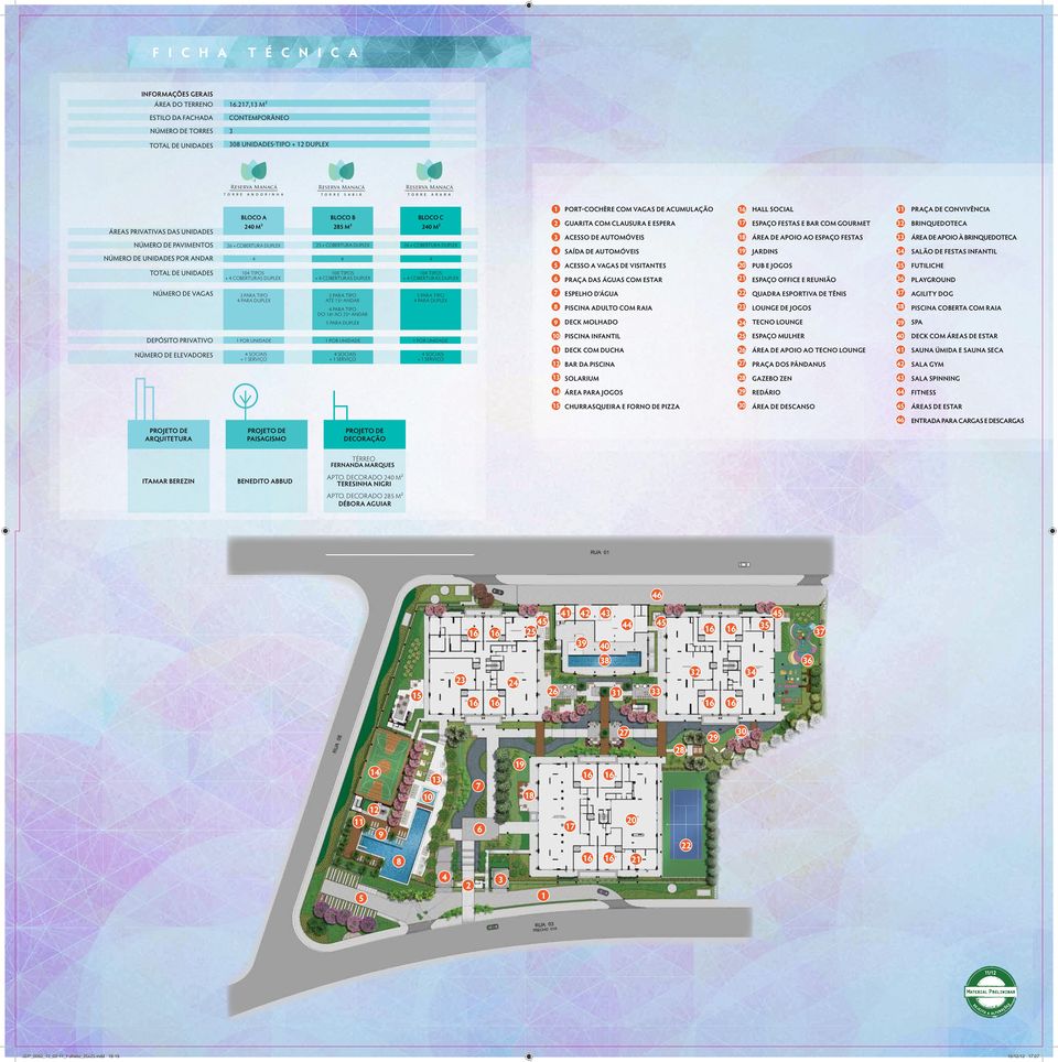 Número de Pavimentos Número de unidades por andar Total de Unidades bloco a 240 m² 104 tipos + 4 coberturas duplex bloco b 285 m² bloco c 240 m² 26 + cobertura duplex 25 + cobertura duplex 26 +