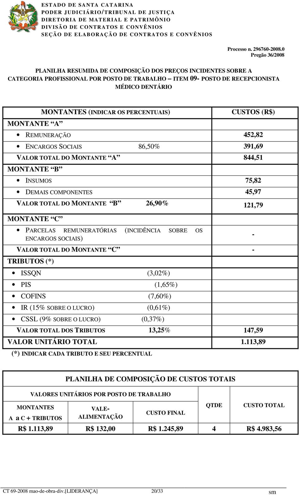 MONTANTE C PARCELAS REMUNERATÓRIAS (INCIDÊNCIA SOBRE OS ENCARGOS SOCIAIS) VALOR TOTAL DO MONTANTE C - TRIBUTOS (*) ISSQN (3,02%) PIS (1,65%) COFINS (7,60%) IR (15% SOBRE O LUCRO) (0,61%) CSSL (9%