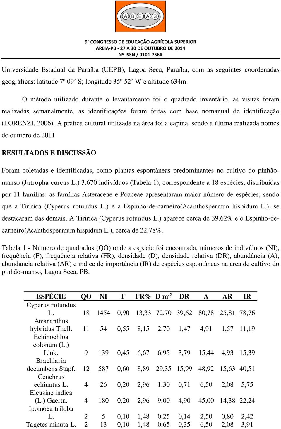 A prática cultural utilizada na área foi a capina, sendo a última realizada nomes de outubro de 2011 RESULTADOS E DISCUSSÃO Foram coletadas e identificadas, como plantas espontâneas predominantes no