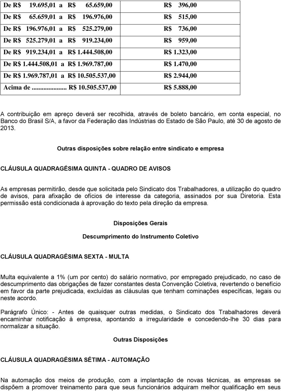 888,00 A contribuição em apreço deverá ser recolhida, através de boleto bancário, em conta especial, no Banco do Brasil S/A, a favor da Federação das Indústrias do Estado de São Paulo, até 30 de