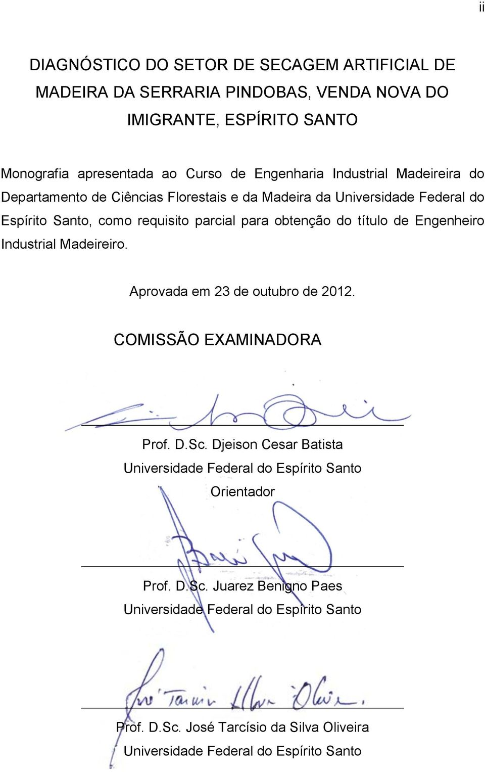 de Engenheiro Industrial Madeireiro. Aprovada em 23 de outubro de 2012. COMISSÃO EXAMINADORA Prof. D.Sc.