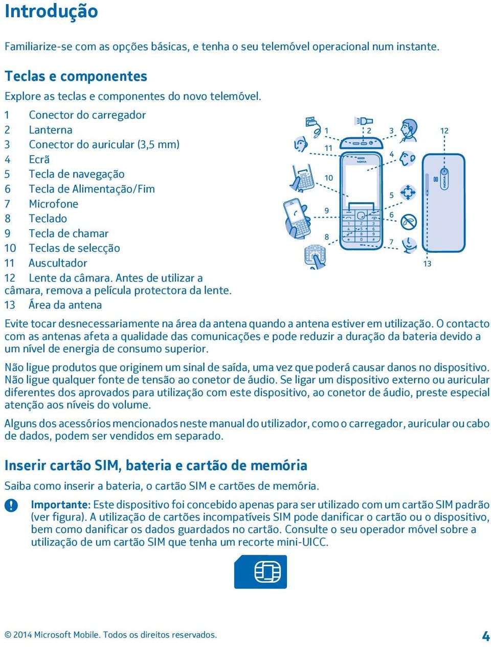 Auscultador 12 Lente da câmara. Antes de utilizar a câmara, remova a película protectora da lente.