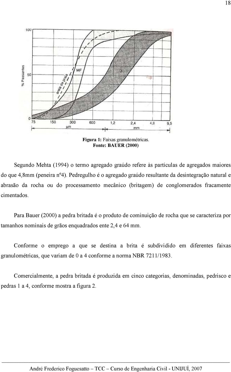 Para Bauer (2000) a pedra britada é o produto de cominuição de rocha que se caracteriza por tamanhos nominais de grãos enquadrados ente 2,4 e 64 mm.