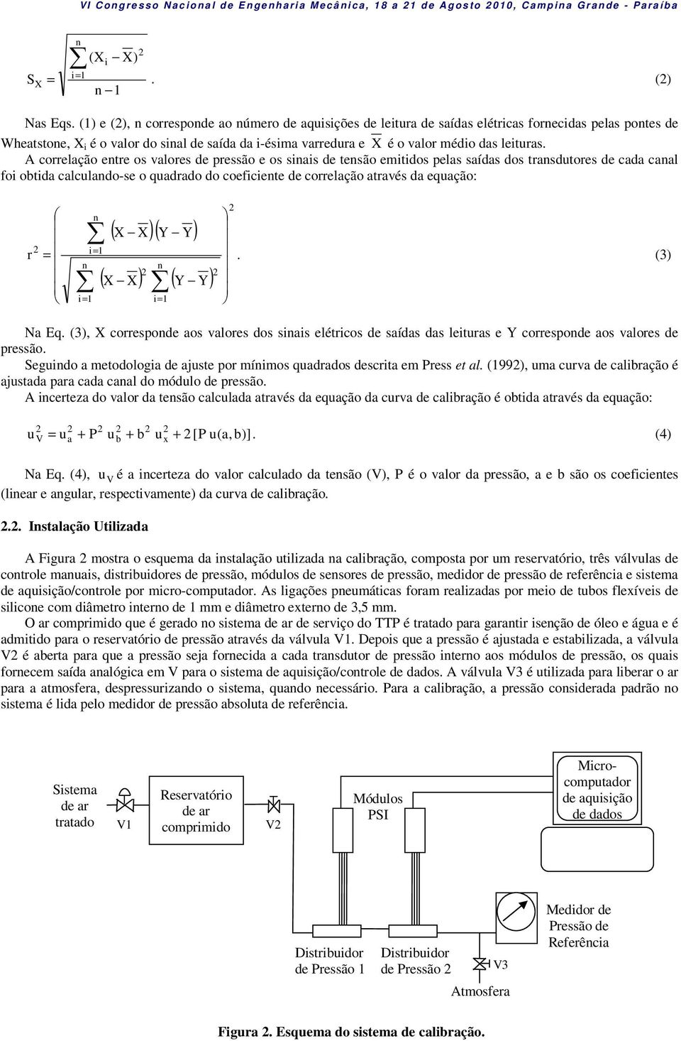 A correlação etre os valores de pressão e os siais de tesão emitidos pelas saídas dos trasdutores de cada caal foi obtida calculado-se o quadrado do coeficiete de correlação através da equação: r 2 =