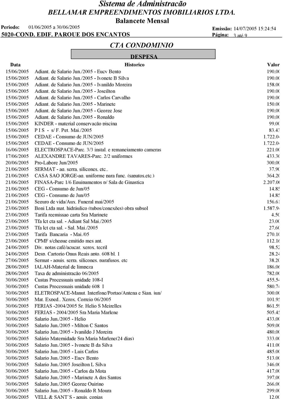 de Salario Jun./2005 - Marinete 150,00 15/06/2005 Adiant. de Salario Jun./2005 - George Jose 190,00 15/06/2005 Adiant. de Salario Jun./2005 - Ronaldo 190,00 15/06/2005 KINDER - material conservação piscina 99,00 15/06/2005 P I S - s/ F.
