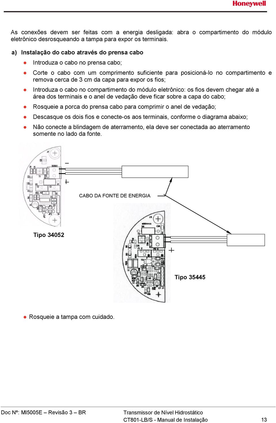 os fios; Introduza o cabo no compartimento do módulo eletrônico: os fios devem chegar até a área dos terminais e o anel de vedação deve ficar sobre a capa do cabo; Rosqueie a porca do prensa cabo