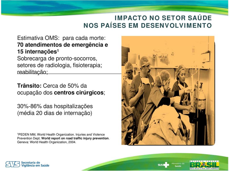 hospitalizações (média 20 dias de internação) IMPACTO NO SETOR SAÚDE NOS PAÍSES EM DESENVOLVIMENTO 1 PEDEN MM, World Health