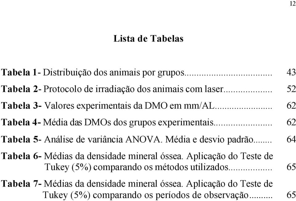 .. 62 Tabela 5- Análise de variância ANOVA. Média e desvio padrão... 64 Tabela 6- Médias da densidade mineral óssea.