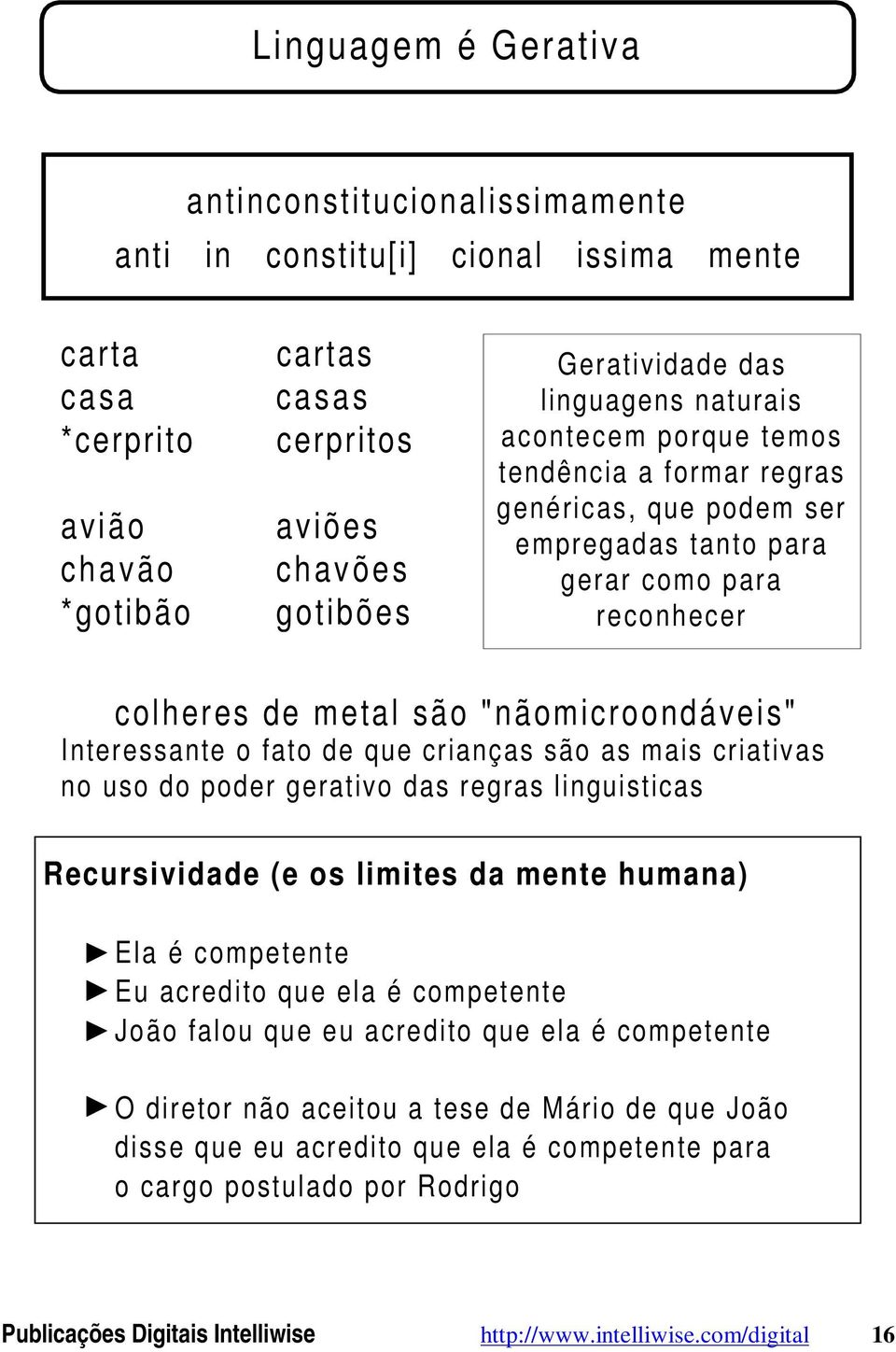 fato de que crianças são as mais criativas no uso do poder gerativo das regras linguisticas Recursividade (e os limites da mente humana) Ela é competente Eu acredito que ela é competente João falou