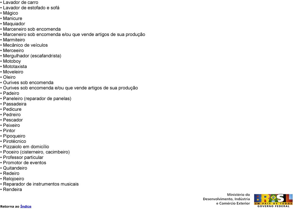 vende artigos de sua produção Padeiro Paneleiro (reparador de panelas) Passadeira Pedicure Pedreiro Pescador Peixeiro Pintor Pipoqueiro Pirotécnico Pizzaiolo