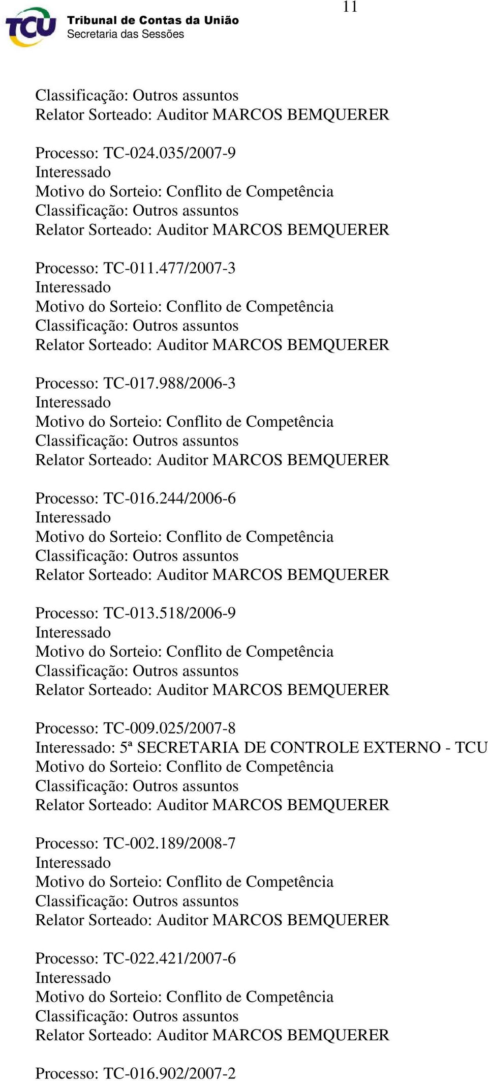 477/2007-3 Interessado Motivo do Sorteio: Conflito de Competência Classificação: Outros assuntos Relator Sorteado: Auditor MARCOS BEMQUERER Processo: TC-017.