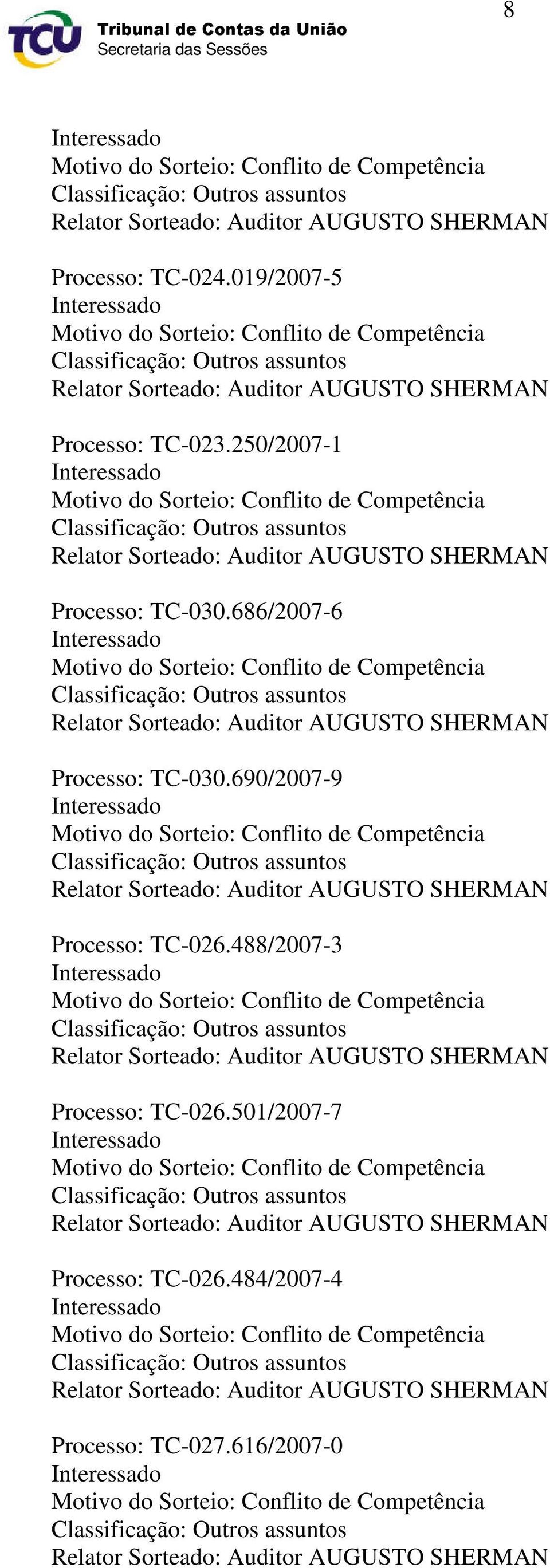 250/2007-1 Interessado Motivo do Sorteio: Conflito de Competência Classificação: Outros assuntos Relator Sorteado: Auditor AUGUSTO SHERMAN Processo: TC-030.