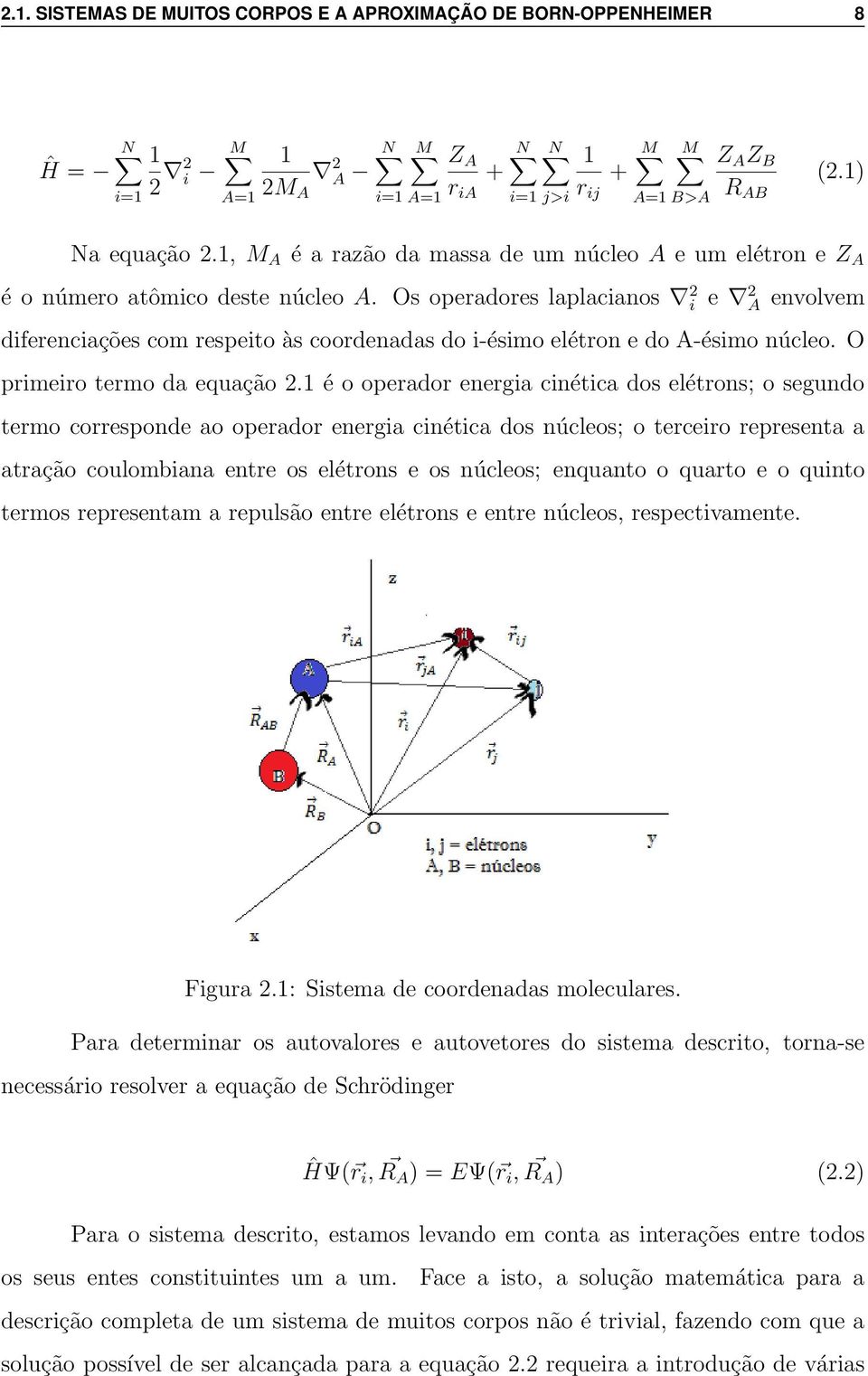 Os operadores laplacianos 2 i e 2 A envolvem diferenciações com respeito às coordenadas do i-ésimo elétron e do A-ésimo núcleo. O primeiro termo da equação 2.