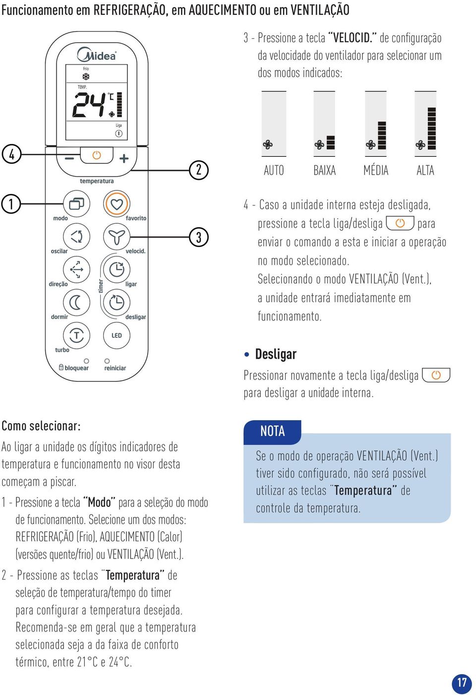 Selecionando o modo VENTILAÇÃO (Vent.), a unidade entrará imediatamente em funcionamento. Desligar Pressionar novamente a tecla liga/desliga para desligar a unidade interna.