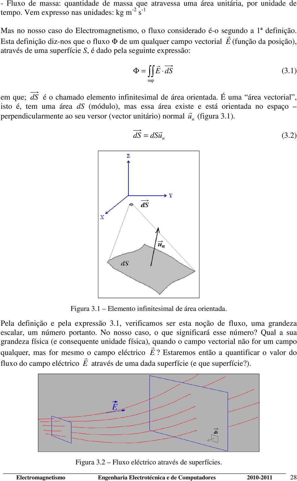 Esta definição diz-nos ue o fluxo Φ de um ualue campo vectoial E (função da posição), atavés de uma supefície S, é dado pela seguinte expessão: Φ = sup E ds (3.