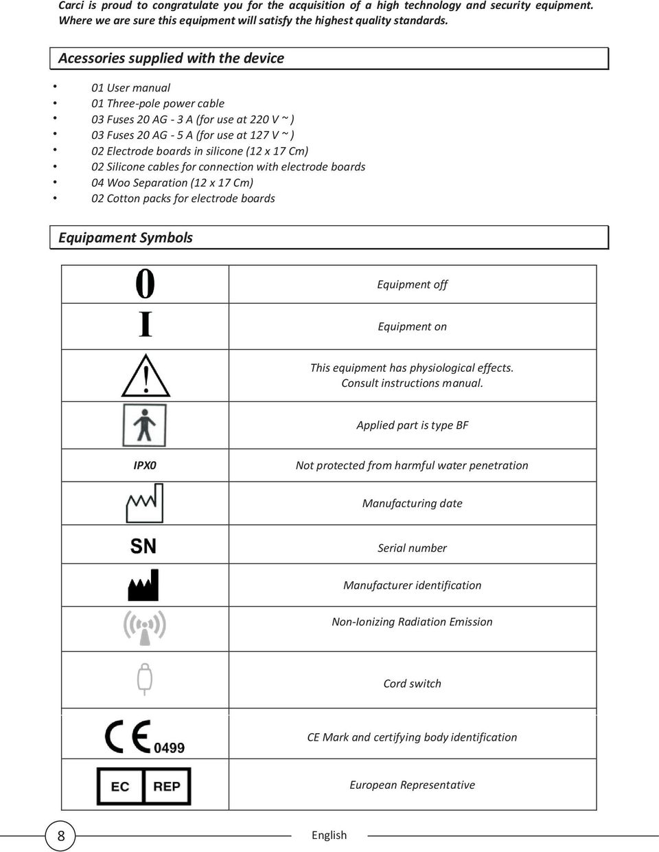 x 17 Cm) 02 Silicone cables for connection with electrode boards 04 Woo Separation (12 x 17 Cm) 02 Cotton packs for electrode boards Equipament Symbols Equipment off Equipment on This equipment has