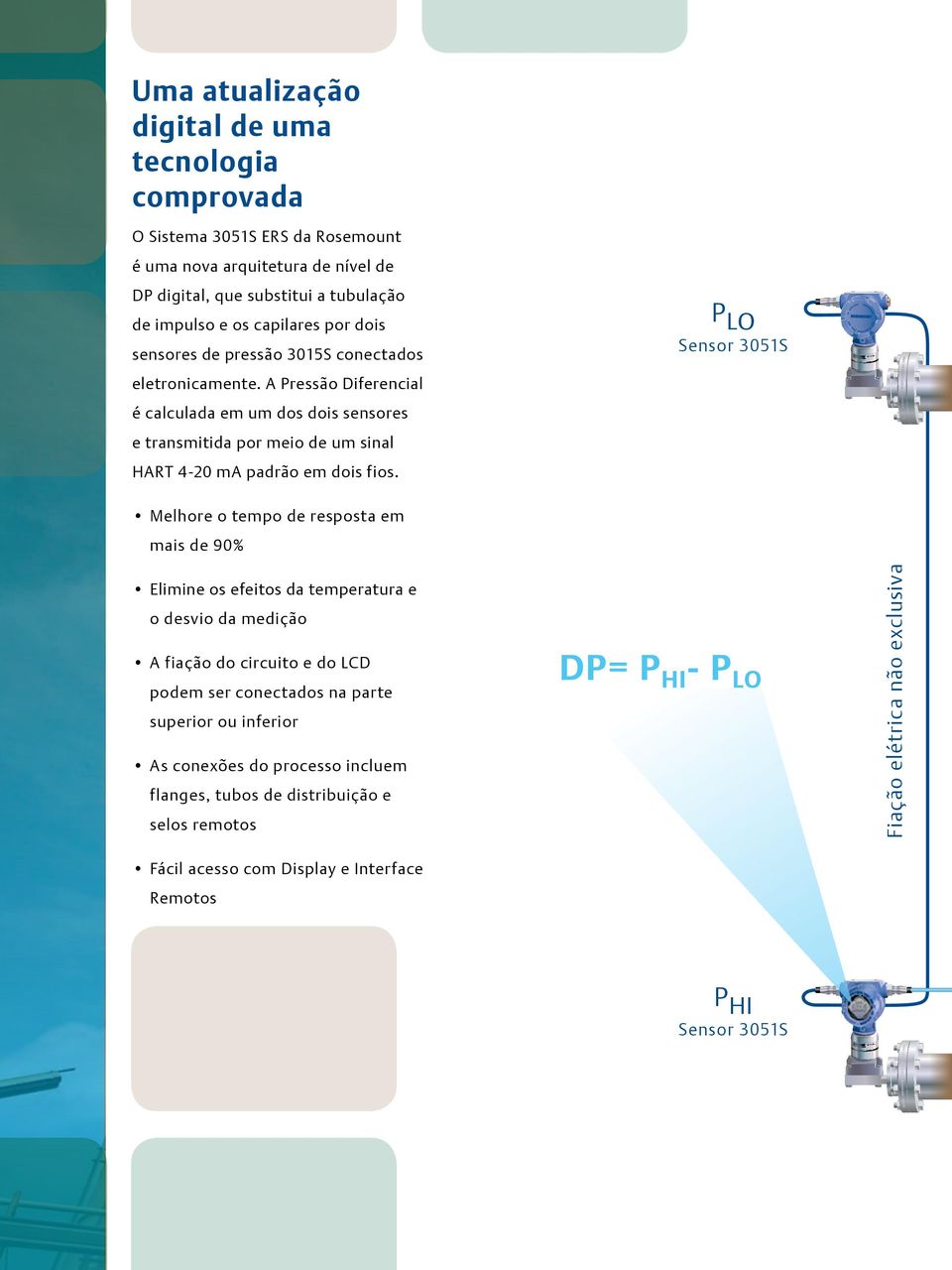 A Pressão Diferencial é calculada em um dos dois sensores e transmitida por meio de um sinal HART 4-20 ma padrão em dois fios.