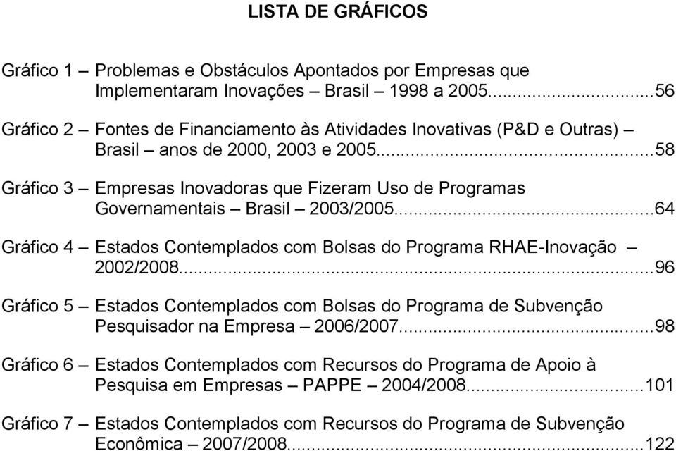 ..58 Gráfico 3 Empresas Inovadoras que Fizeram Uso de Programas Governamentais Brasil 2003/2005...64 Gráfico 4 Estados Contemplados com Bolsas do Programa RHAE-Inovação 2002/2008.