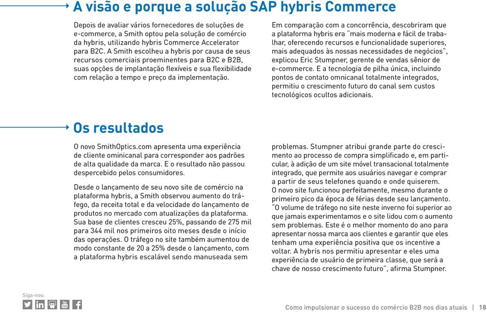 A Smith escolheu a hybris por causa de seus recursos comerciais proeminentes para B2C e B2B, suas opções de implantação flexíveis e sua flexibilidade com relação a tempo e preço da implementação.