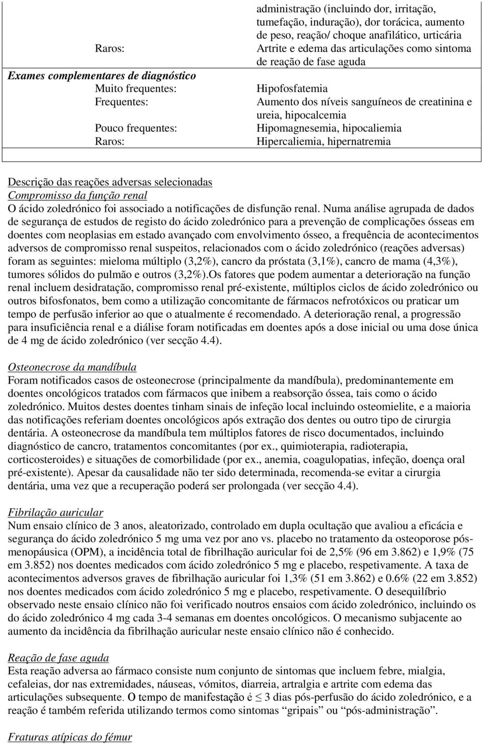 Hipercaliemia, hipernatremia Descrição das reações adversas selecionadas Compromisso da função renal O ácido zoledrónico foi associado a notificações de disfunção renal.