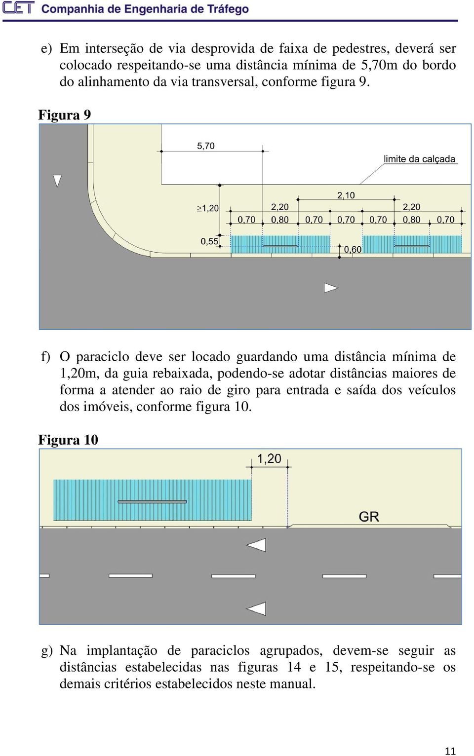 Figura 9 f) O paraciclo deve ser locado guardando uma distância mínima de 1,20m, da guia rebaixada, podendo-se adotar distâncias maiores de forma a
