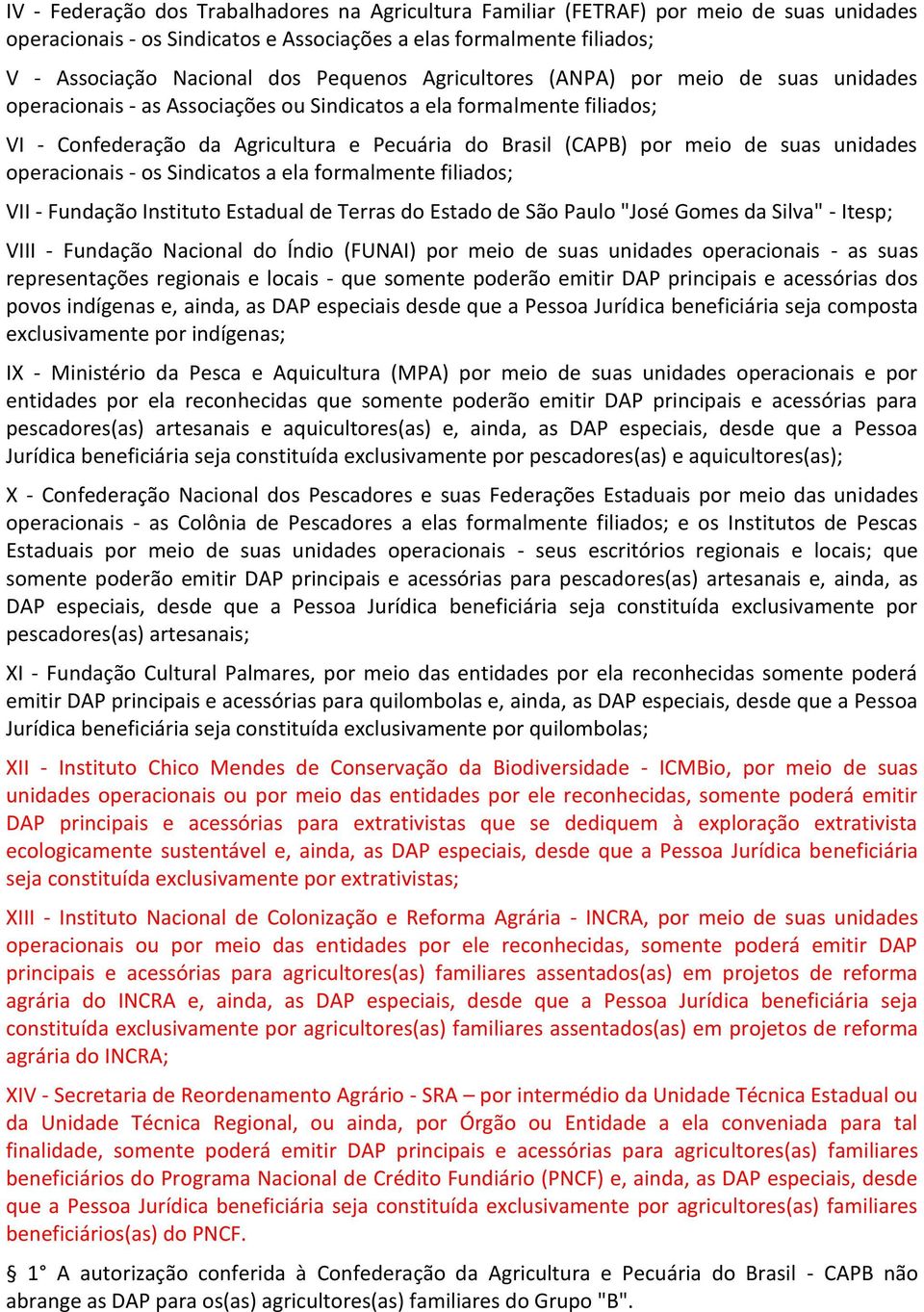 suas unidades operacionais - os Sindicatos a ela formalmente filiados; VII - Fundação Instituto Estadual de Terras do Estado de São Paulo "José Gomes da Silva" - Itesp; VIII - Fundação Nacional do