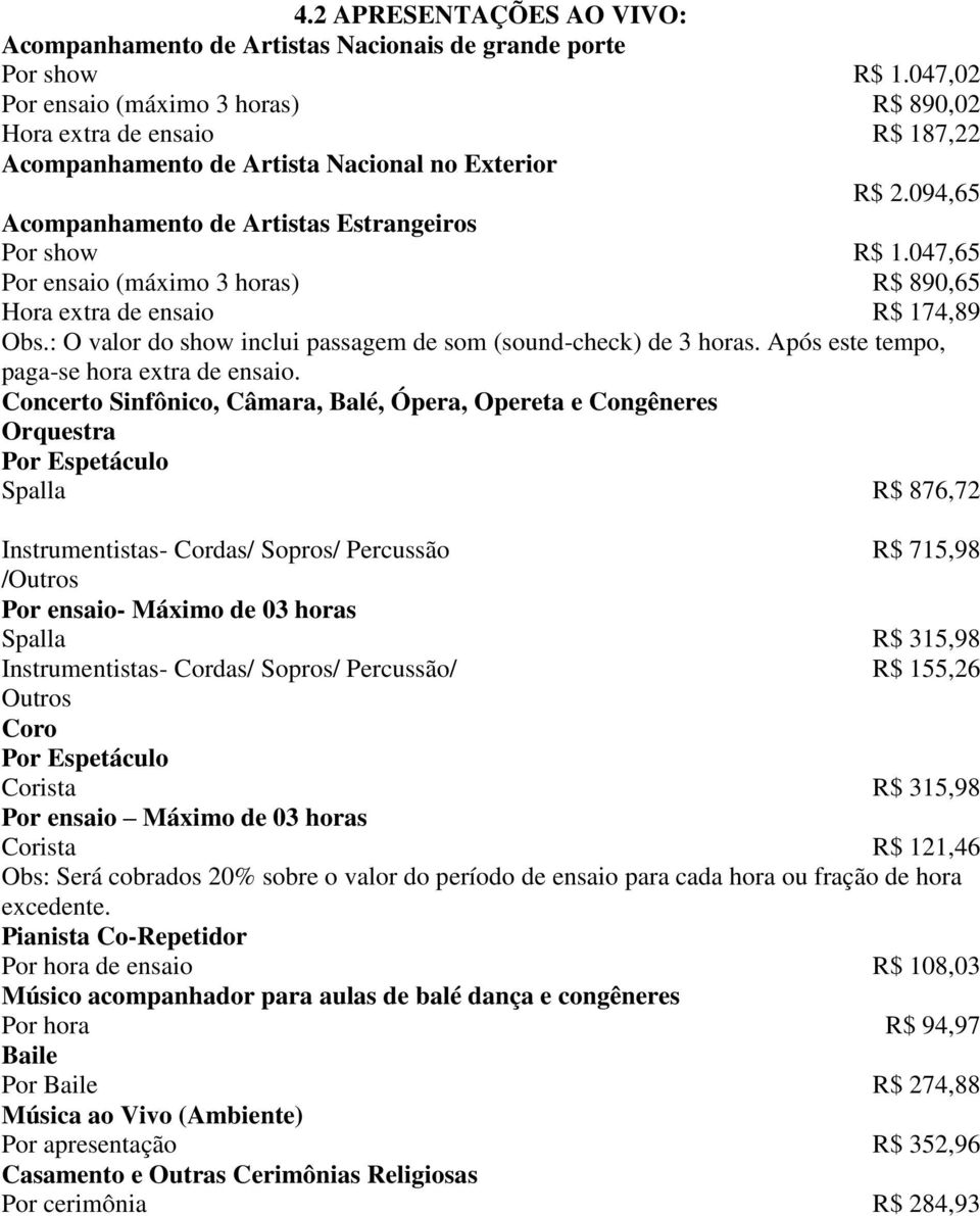 047,65 Por ensaio (máximo 3 horas) R$ 890,65 Hora extra de ensaio R$ 174,89 Obs.: O valor do show inclui passagem de som (sound-check) de 3 horas. Após este tempo, paga-se hora extra de ensaio.