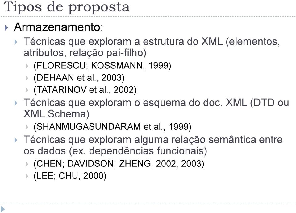 , 2002) Técnicas que exploram o esquema do doc. XML (DTD ou XML Schema) (SHANMUGASUNDARAM et al.