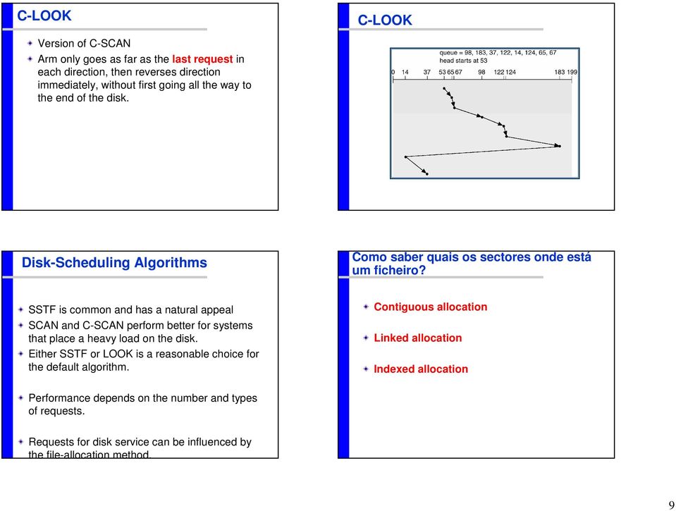 SSTF is common and has a natural appeal SCAN and C-SCAN perform better for systems that place a heavy load on the disk.