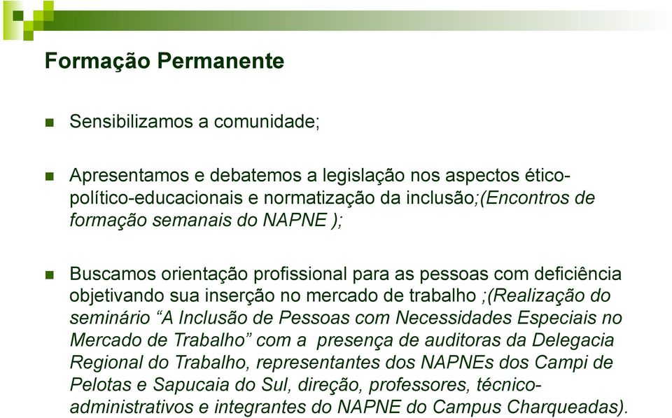 trabalho ;(Realização do seminário A Inclusão de Pessoas com Necessidades Especiais no Mercado de Trabalho com a presença de auditoras da Delegacia Regional