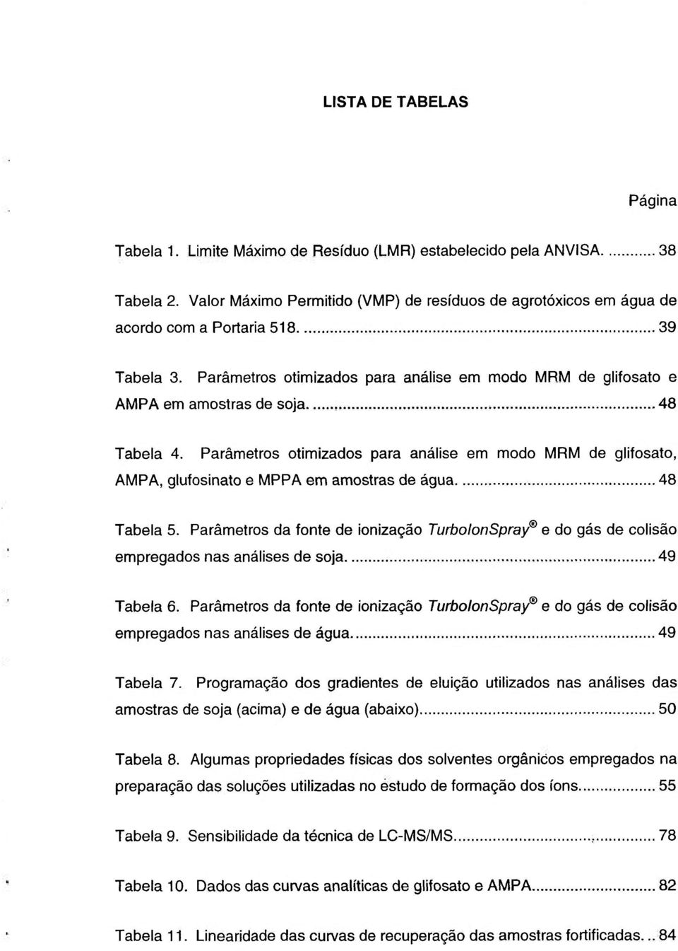 Parâmetros otimizados para análise em modo MRM de glifosato e AMPA em amostras de soja 48 Tabela 4.