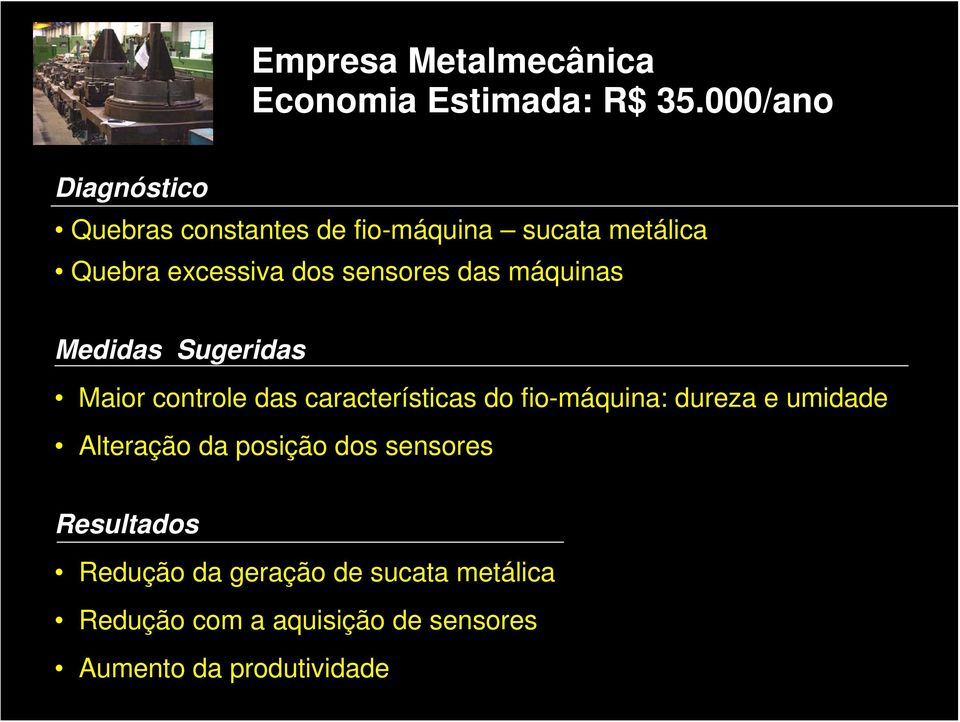 sensores das máquinas Medidas Sugeridas Maior controle das características do fio-máquina: dureza