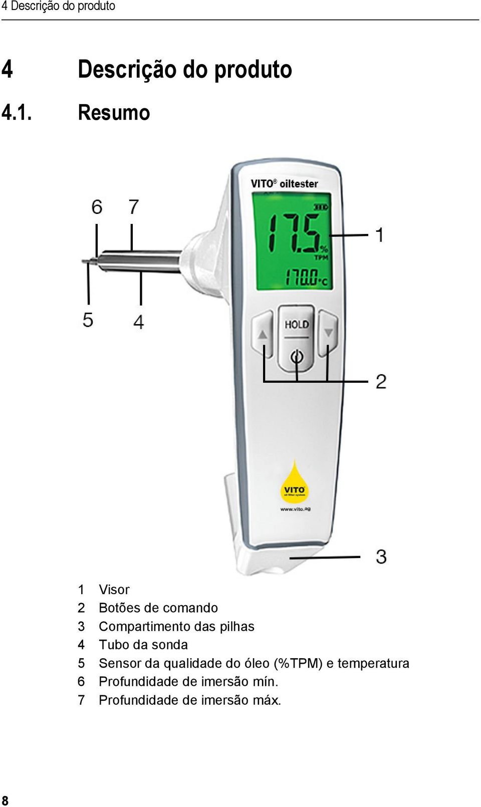 pilhas 4 Tubo da sonda 5 Sensor da qualidade do óleo (%TPM)