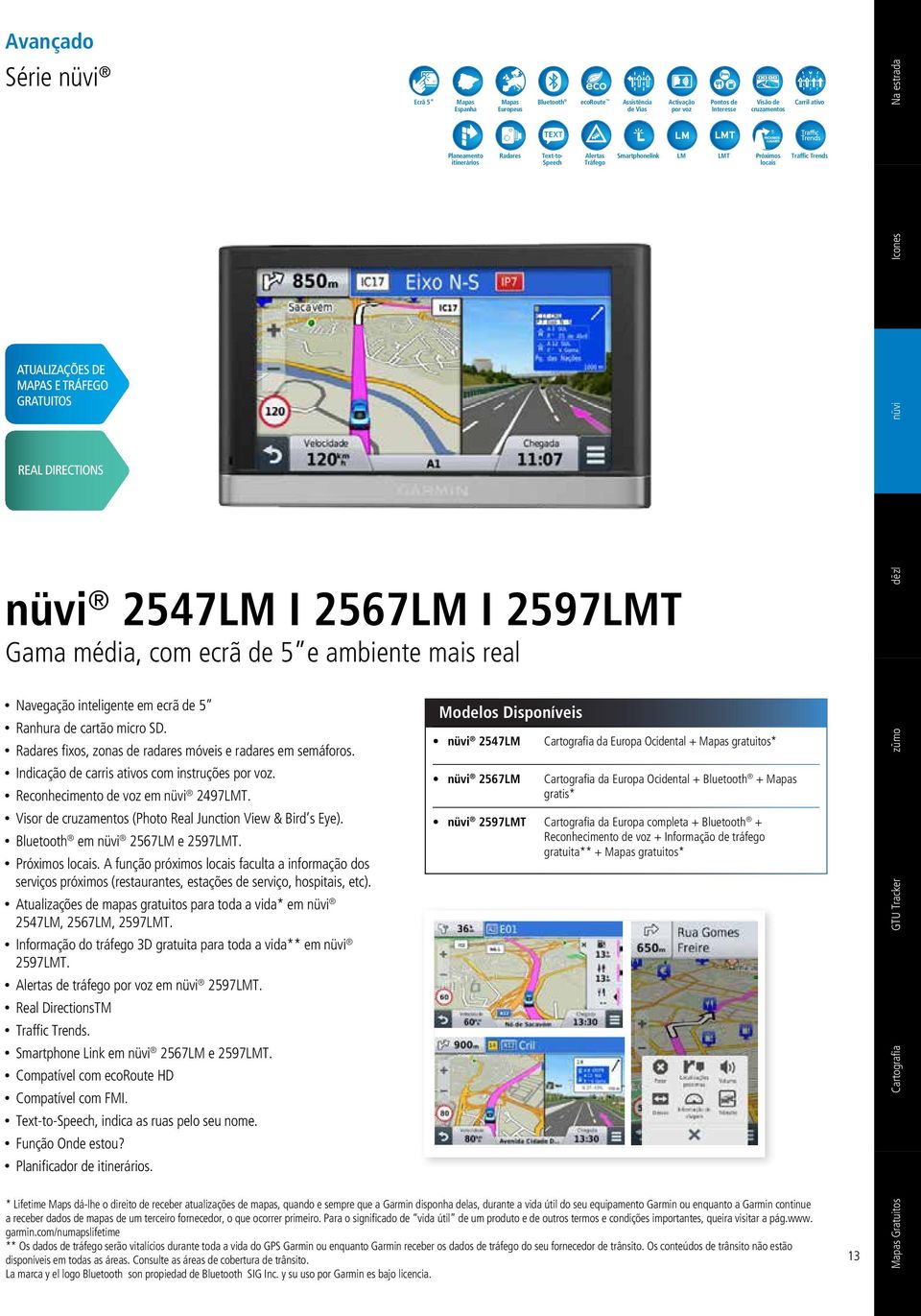 Reconhecimento de voz em nüvi 2497LMT. Visor de cruzamentos (Photo Real Junction View & Bird s Eye). Bluetooth em nüvi 2567LM e 2597LMT. Próximos locais.