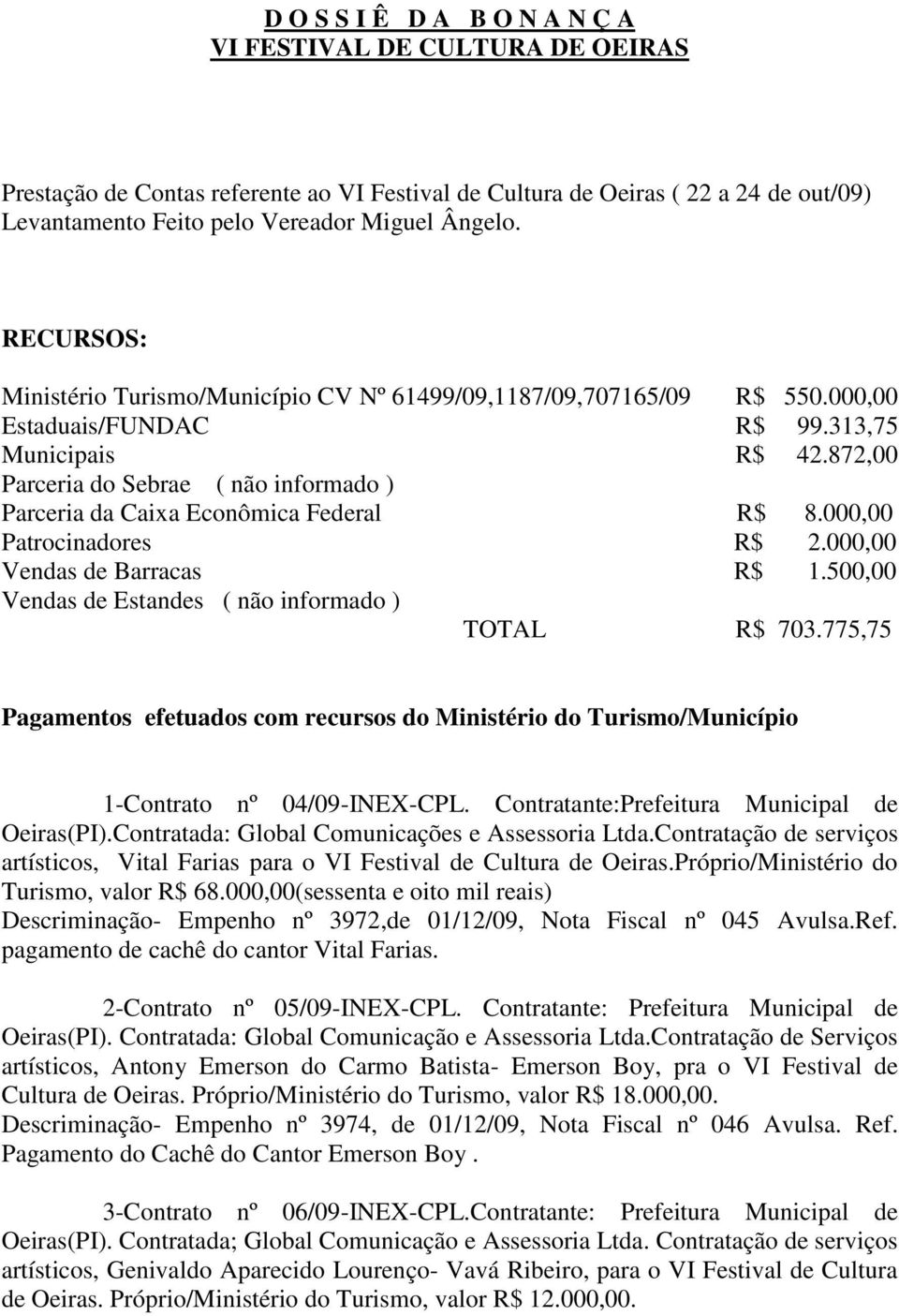 872,00 Parceria do Sebrae ( não informado ) Parceria da Caixa Econômica Federal R$ 8.000,00 Patrocinadores R$ 2.000,00 Vendas de Barracas R$ 1.500,00 Vendas de Estandes ( não informado ) TOTAL R$ 703.