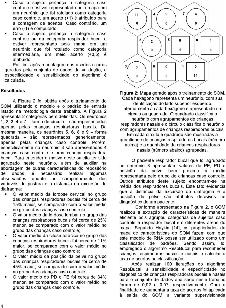 Caso o sujeito pertença à categoria caso controle ou da categoria respirador bucal e estiver representado pelo mapa em um neurônio que foi rotulado como categoria intermediária, um meio acerto (+,5)