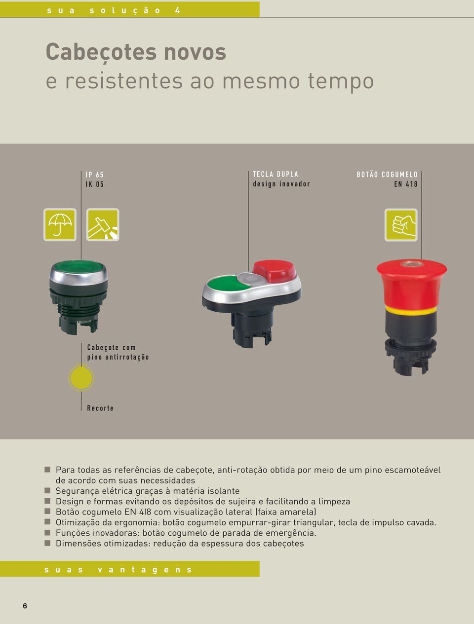 formas evitando os depósitos de sujeira e facilitando a limpeza Botão cogumelo EN 4I8 com visualização lateral (faixa amarela) Otimização da ergonomia: botão cogumelo