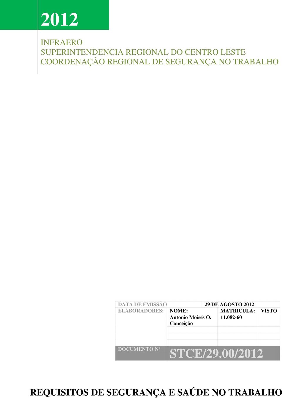 2012 ELABORADORES: NOME: MATRICULA: VISTO Antonio Moisés O. 11.