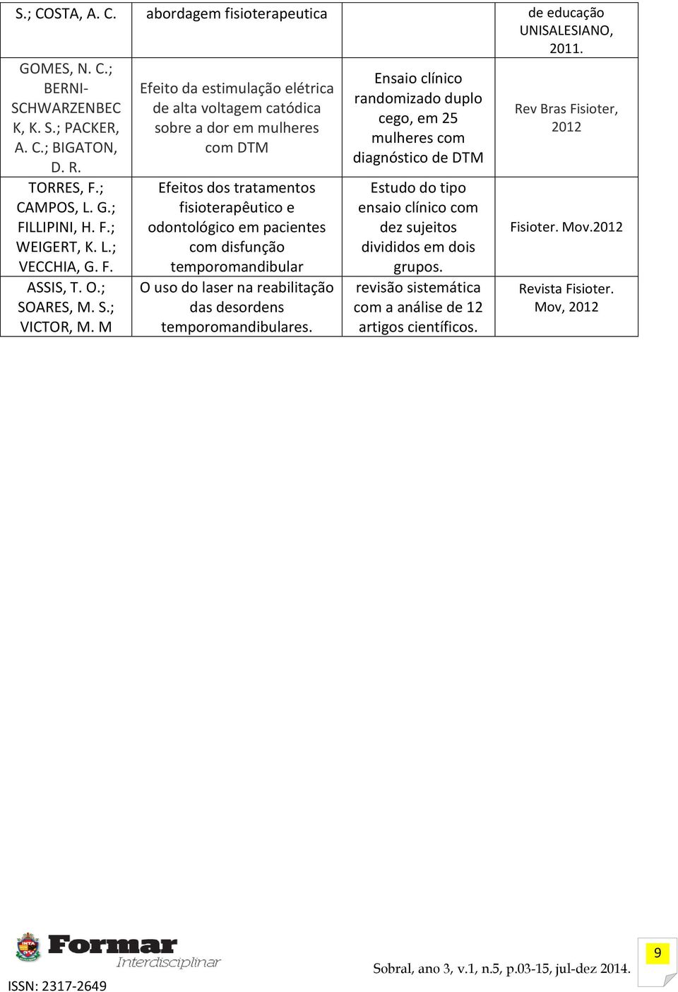 M Efeito da estimulação elétrica de alta voltagem catódica sobre a dor em mulheres com DTM Efeitos dos tratamentos fisioterapêutico e odontológico em pacientes com disfunção temporomandibular O uso