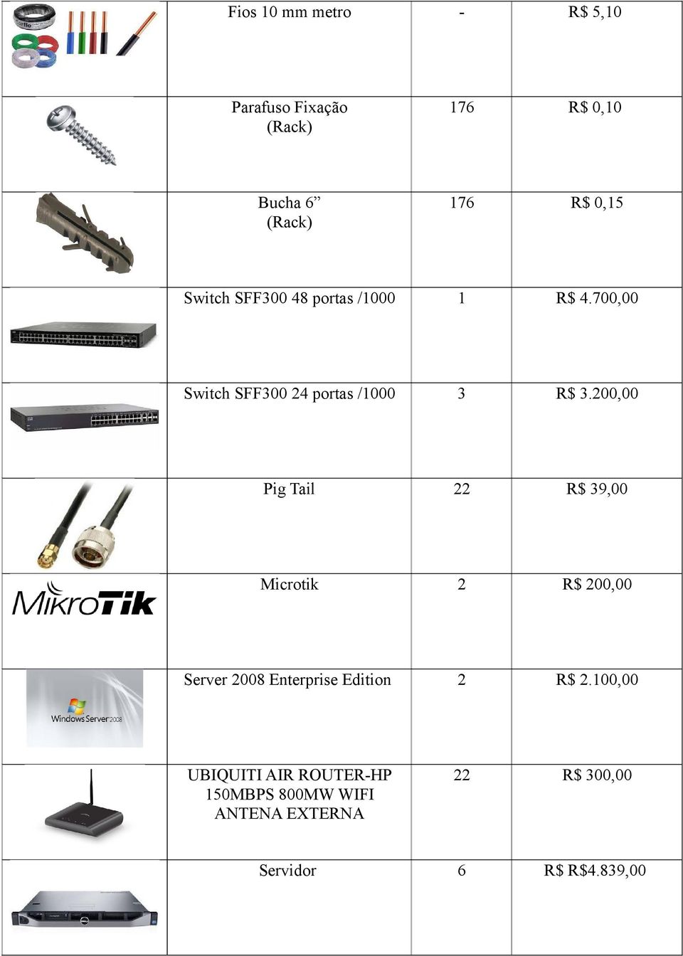 200,00 Pig Tail 22 R$ 39,00 Microtik 2 R$ 200,00 Server 2008 Enterprise Edition 2 R$ 2.