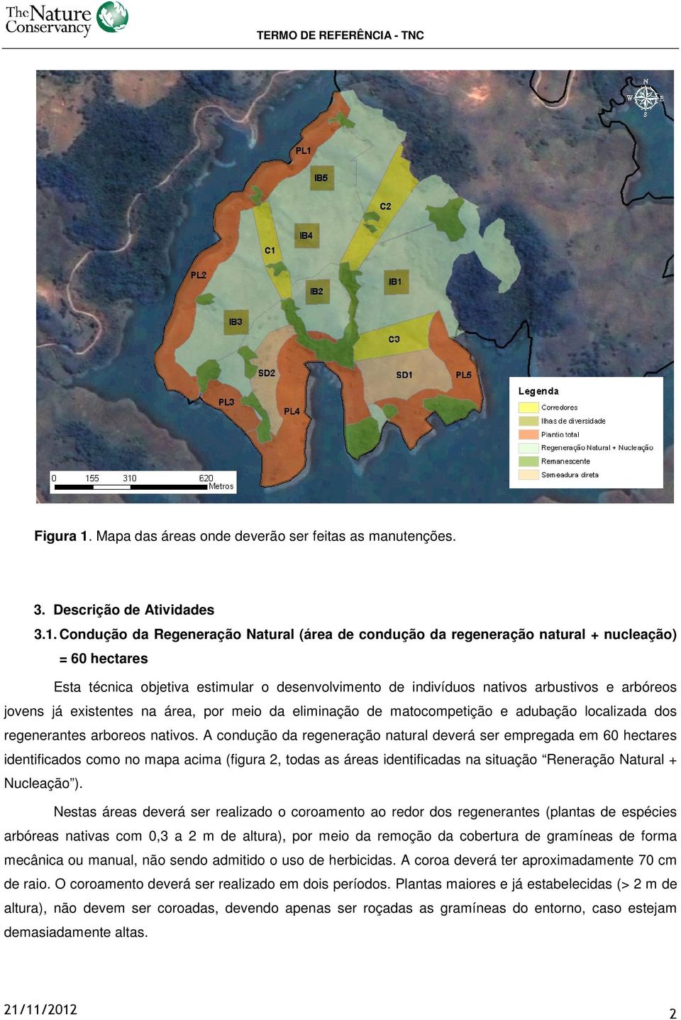 Condução da Regeneração Natural (área de condução da regeneração natural + nucleação) = 60 hectares Esta técnica objetiva estimular o desenvolvimento de indivíduos nativos arbustivos e arbóreos