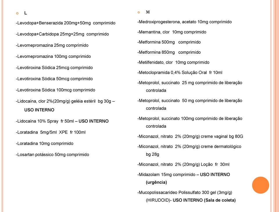 XPE fr 100ml -Loratadina 10mg comprimido -Losartan potássico 50mg comprimido -Medroxiprogesterona, acetato 10mg comprimido -Memantina, clor 10mg comprimido -Metformina 500mg comprimido -Metformina