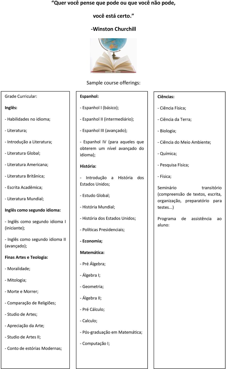 Britânica; - Escrita Acadêmica; - Literatura Mundial; Inglês como segundo idioma: - Inglês como segundo idioma I (iniciante); - Inglês como segundo idioma II (avançado); Finas Artes e Teologia: -