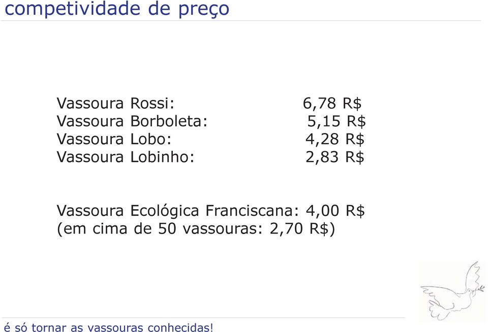 Lobinho: 2,83 R$ Vassoura Ecológica Franciscana: 4,00 R$