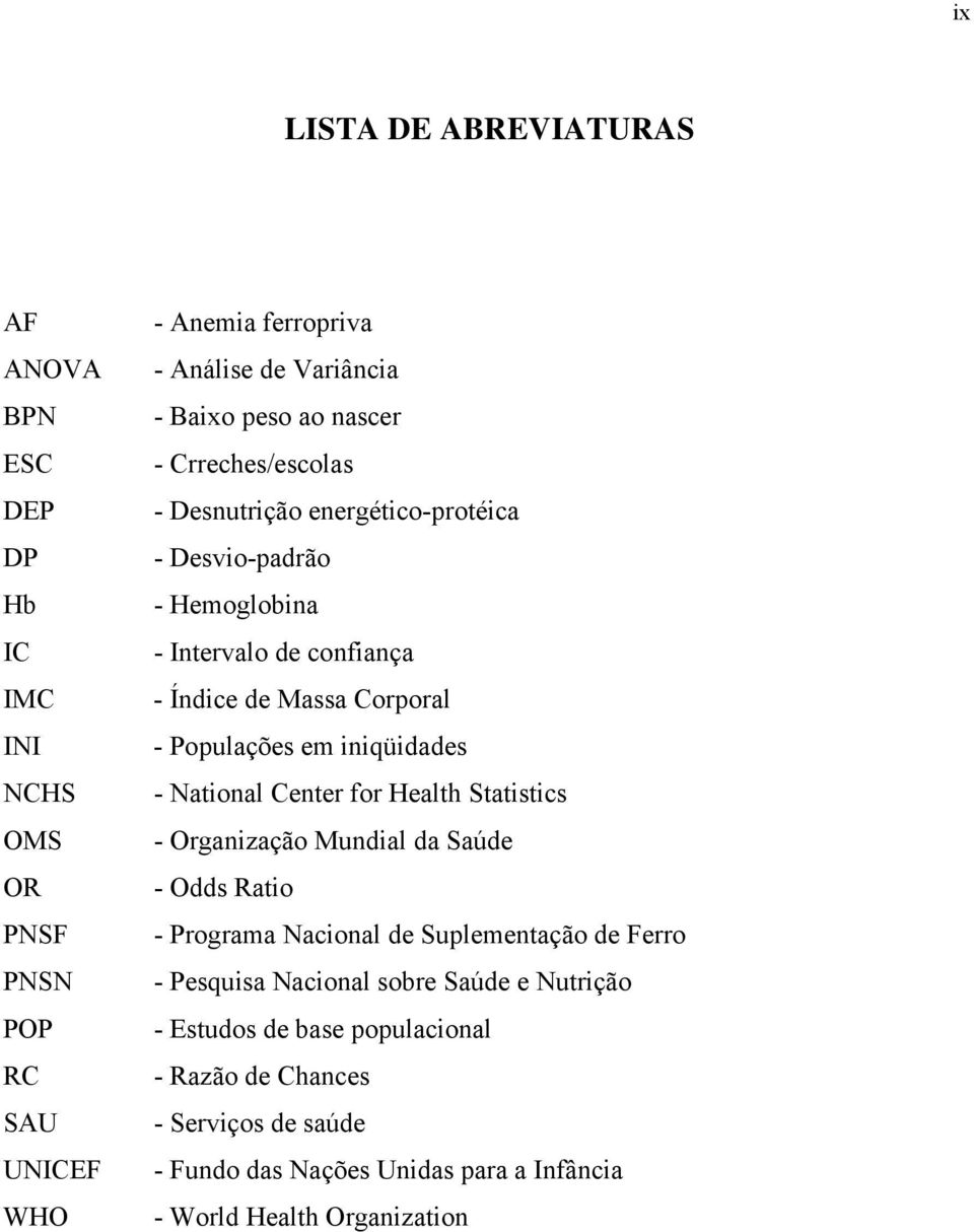 Populações em iniqüidades - National Center for Health Statistics - Organização Mundial da Saúde - Odds Ratio - Programa Nacional de Suplementação de Ferro -