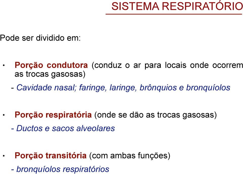 brônquios e bronquíolos Porção respiratória (onde se dão as trocas gasosas) -